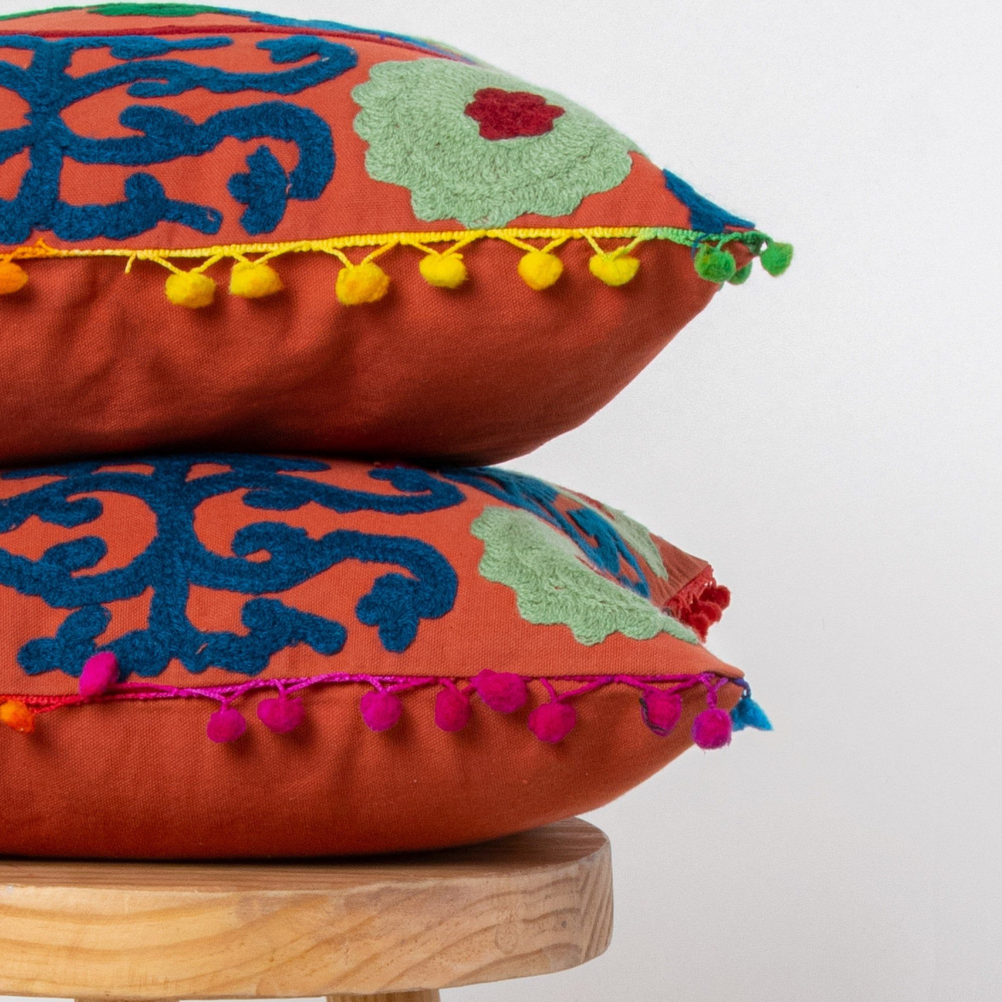 Organic Cotton Pom Pom Embroidered Cushion Covers